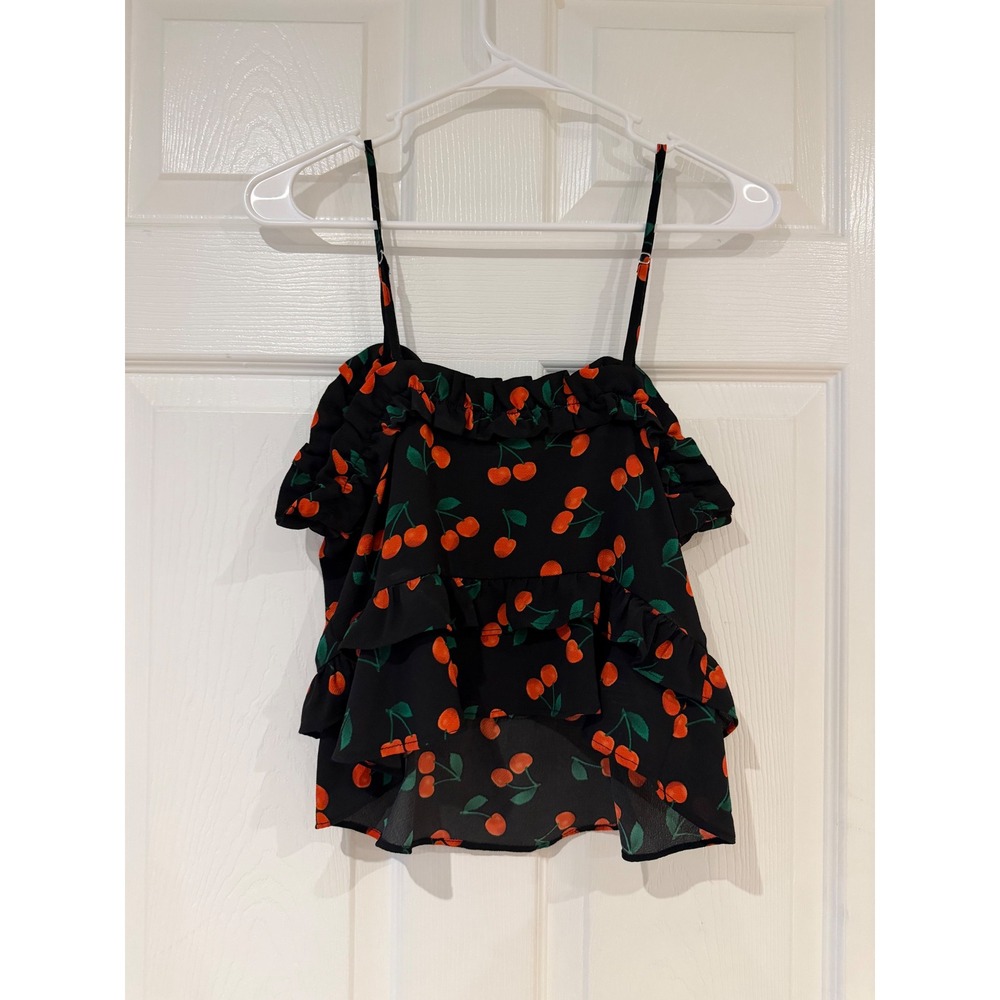 Free Generation Cherry Print Ruffle Cami Top Black Red Small Cherrycore Summer - Picture 2 of 6